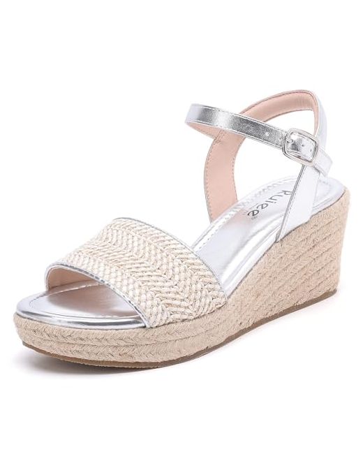 Ruiee Official  Silver Wide Width Wedge Sandals For Women Braided Ankle Strap Buckle Open Toe Summer Shoes Platform Espadrille Beach Sandals. 10.5 X-Wide 1103