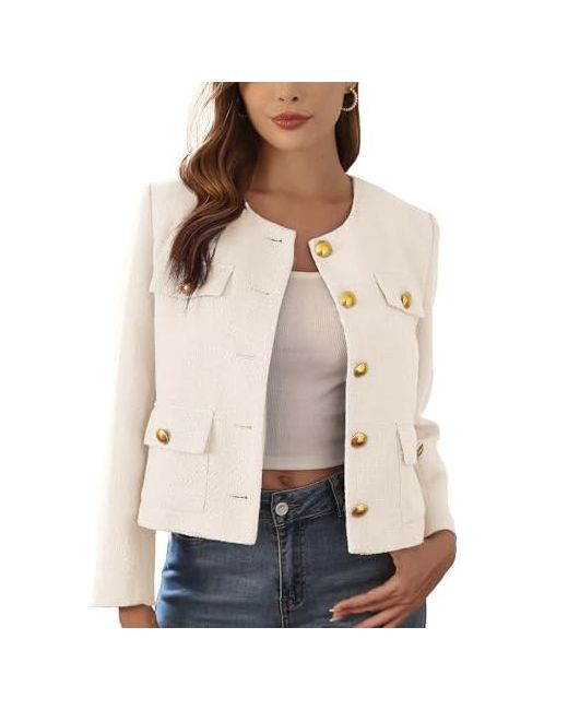 Minfisavo M.Infisavo 2025 Women Tweed Jacket Cropped Blazers Spring Summer Elegant Round Neck Pockets Business Casual Outfit Large  Di Colore Beige