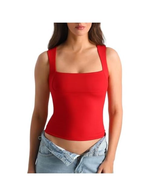 Hoyayo Womens Slim Fit Double-Layer Tank Top Square Neck Sleeveless Basic Fitted Tee Shirt Small Chest Line  Di Colore Rosso