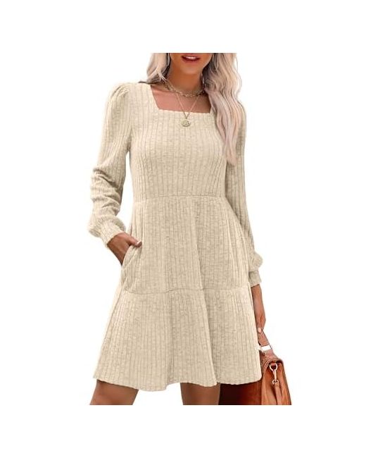 Ranrui   Womens Knitted Mini Dress Riibbed Pleated Square Neck Long Sleeve Fall Dresses Casual Babydoll Ruffle Sweater Apricot X-Large
