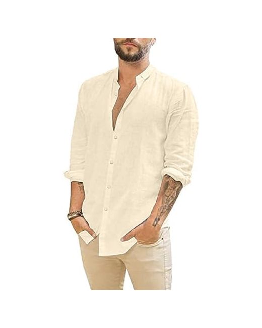 Jekaoyi  Beige Mens Summer Casual Long Sleeve Cotton Linen Shirts Button Up Solid Plain Roll-Up Beach T Medium