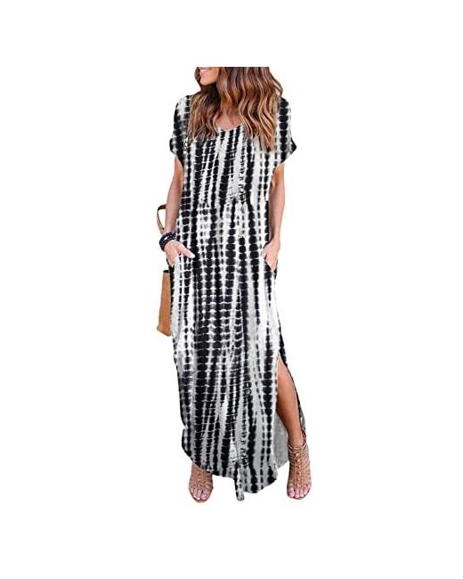Arolina  Gray Womens Summer Maxi Dress Short Sleeve V Neck Casual Loose Long Beach Split Dresses With Pockets Black Grey Medium