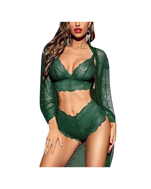 Rslove  Green Women Sexy Lingerie Set 3 Piece Lace Kimono Robe With Bra And Panty Sheer Sleepwear Medium