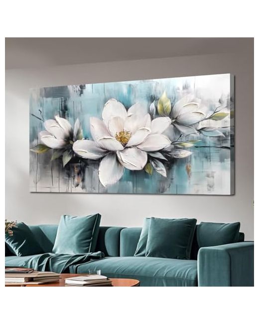 Ardemy Flower Wall Art White Canvas Painting Magnolia Bloosom Wildflower Picture Teal Grey Aesthetic Artwork Framed For Living Room Bedroom Bathroom Home Office Decor Large  Di Colore Floreale