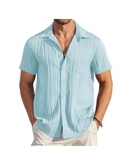 Coofandy  Blue Mens Casual Button Down Shirts Short Sleeve Textured Summer Beach Shirt With Pocket Baby X-Large