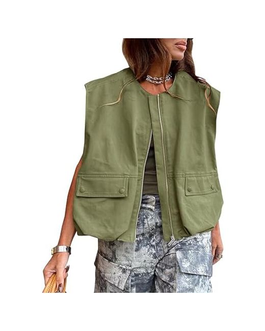 Tureau Women Cargo Vest Oversize Cropped Sleeveless Jacket Lightweight Ruffle Ruched Fashion Tops Summer Casual Zip Up Outfit