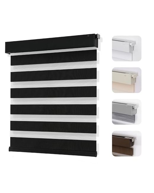 Joydeco  Black No Drill Zebra Blinds For Windows Cordless Day Night Dual Sheer Roller Shades Easy Installation Free-Stop Lift System Light Filtering Privacy Home22 W X 75