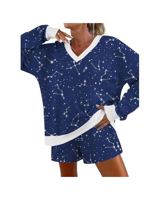 Akewei  Blue Womens Pajama Sets V Neck Long Sleeve Top And Shorts Cozy Loungewear With Pocket Starry Print X-Large