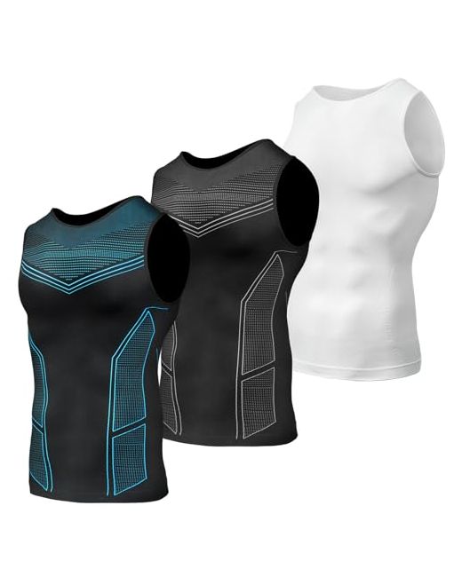 Odoland_Un  Blue Odoland 3 Pack Men Compression Shirt Tummy Control Slimming Undershirt Tank Top Body Shaper Line Black/Line White X-Large