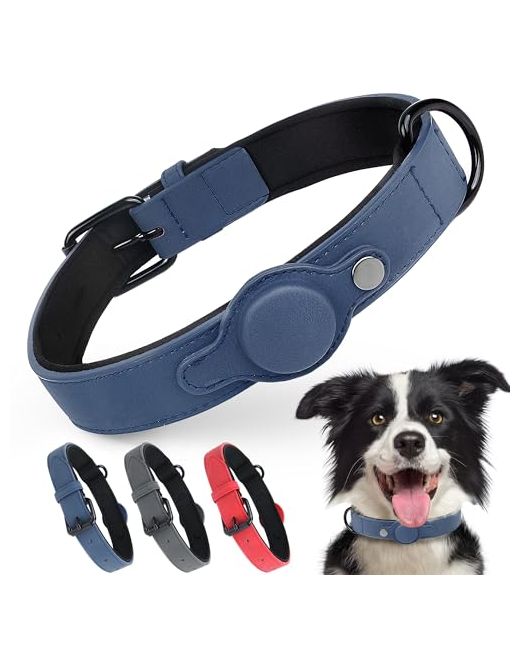 Petifine  Blue Airtag Dog Collar Leather With Airtag Holdersoft Padded Apple Air Tag Adjustable Rust-Proof Metal Buckle For Small Medium Large Dogsl