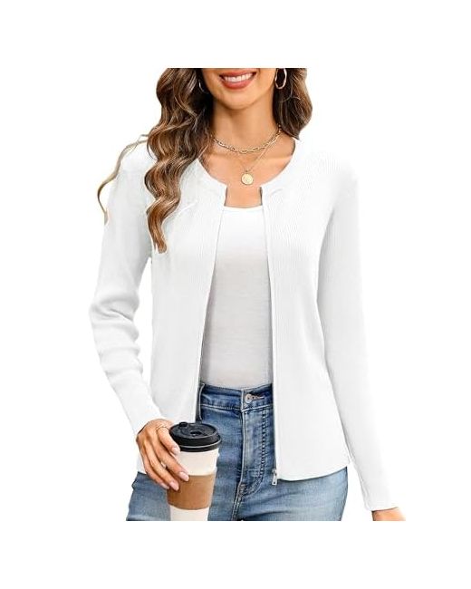 Totatuit  Beige Womens Long Sleeve Zip Up Sweater Lightweight Cardigan Crew Neck Tops Zipper Knitted Jacket Large