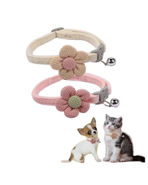 Cyhaen  Beige Small Cat Collar With Bell2 Pack Pink Dog Bells Flower Suede Girl Cute Fancy Puppy For Xxs Xs Tiny Little Kitten Pet Female Dogsneck 8-12 Inch P