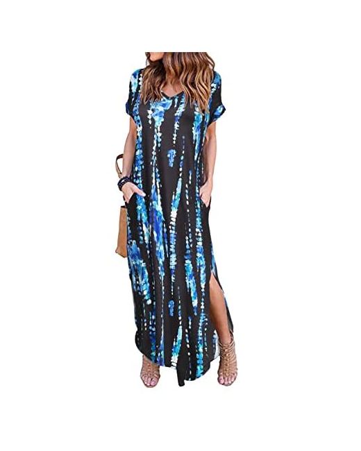 Arolina   Womens Summer Maxi Dress Short Sleeve V Neck Casual Loose Long Beach Split Dresses With Pockets Blackblue X-Small