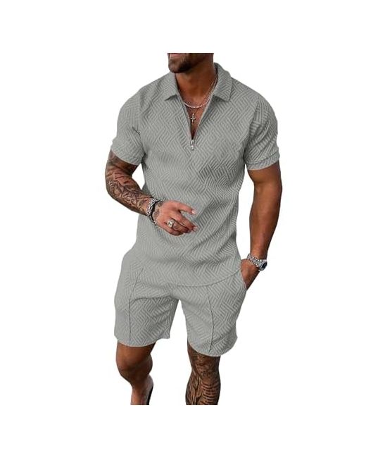 Uoua Summer Track Suits 2 Piece Shorts Sets Short Sleeve Sweatsuit Outfits 1/4 Zip Golf Polo Shirts Loungewear Grey Xx-Large Da Men Di Colore Grigio