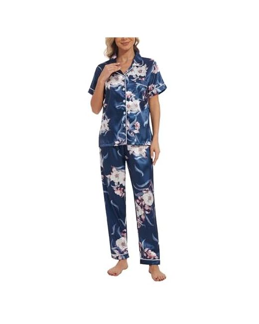 Yijiu Womens Silk Satin Pajamas Set Short Sleeve Sleepwear Soft Button Down Loungewear Two-Piece Pjs Sets Xs-Xxl Long Small Blue  Di Colore Floreale