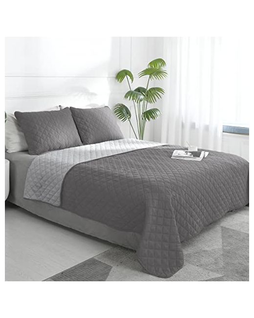 Easy-Going Queen Plus Reversible Quilt Set With 1 And 2 Pillow Shams Soft Bed Cover Water Resistant Lightweight Microfiber Bedspread Stain Light Quee  Di Colore Grigio