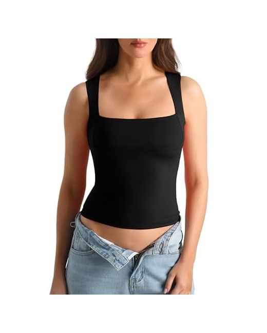 Hoyayo Womens Slim Fit Double-Layer Tank Top Square Neck Sleeveless Basic Fitted Tee Shirt X-Small Chest Line  Di Colore Nero
