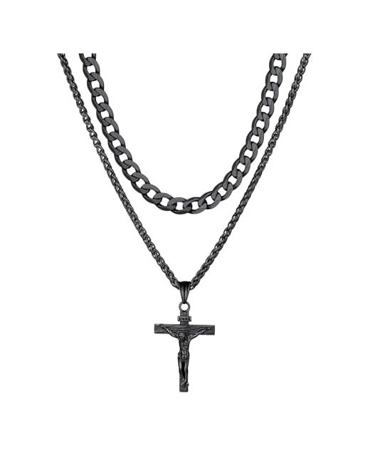 Chainshouse  Black Layered Cross Necklace For Men Stainless Steel/Gold Plated Cuban/Barbed Wire With Cross/Crucifix Pendant Religious Jewelry Gift Set Dad Husband 22 Chain24