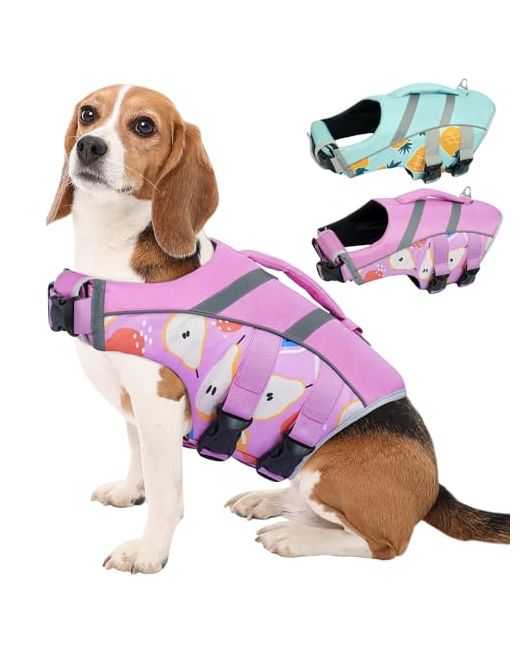 Kuoser Dog Life Jacket With Reflective Stripes Adjustable High Visibility Vest For Swimming Boating Xl Chest Girth25.9-33.4 Pear