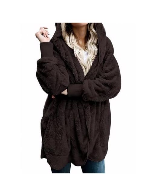 Zilcremo Women Hooded Cardigan Fuzzy Jacket Winter Open Front Fleece Coat Outwear With Pockets Medium Redplaid