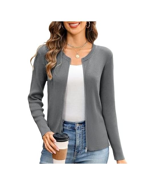 Totatuit  Gray Womens Long Sleeve Zip Up Sweater Lightweight Cardigan Crew Neck Tops Zipper Knitted Jacket Large