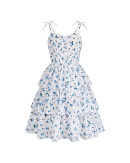 Hoziy  Floral Girls Summer Dress Teen Spaghetti Strap Ruched Sweetheart Short Dresses Kids Junior Ruffle Tiered Sundresses 7-16 Years 7-8 White Blue