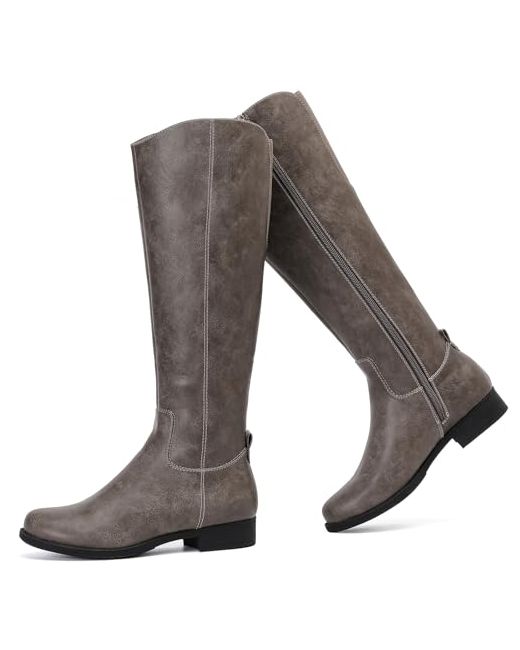 Ruiee  Gray Knee High Boots For Women Comfort Stylish Casual Round Toe Tall Riding Combat Boot Classic Fashion Fall Winter Knee-High Flat Boots. 8.5 Grey Pu 909