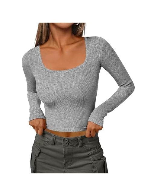 Igenjun Womens Square Neck Long Sleeve Ribbed Slim Fitted Casual Shirts Basic Crop Top 2024 Trendy Clothes Small Grey  Di Colore Grigio