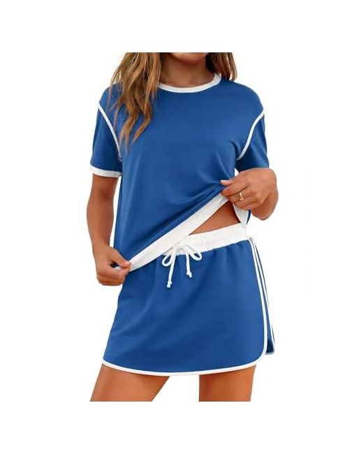 Marvmys  Blue Women 2 Piece Skorts Sets Short Sleeve Block Tshirt And Matching Going Out Summer Tracksuit With Pockets Small White