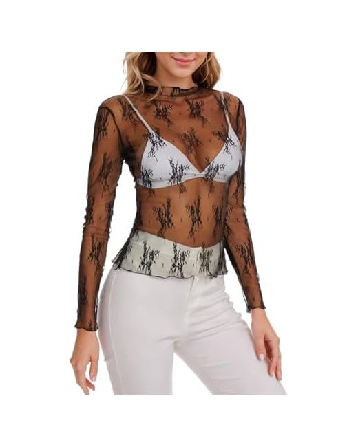 Materasu 2025 Womens Mesh Sheer Long Sleeve Layering Top Mock Neck Lace See Through Shirt Blouses Small Black  Di Colore Floreale