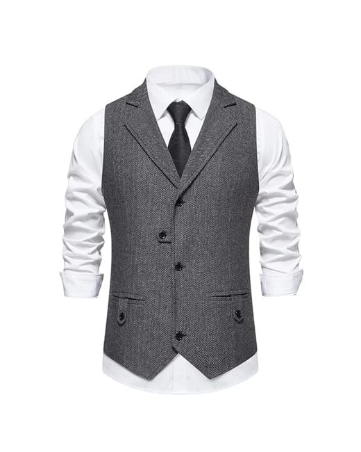 Fjoadnvm Men's Gray Suit Vest Herringbone Fabric Waistcoat Business Wedding Casual Turndown Collar Dress Blazerasian Sus S