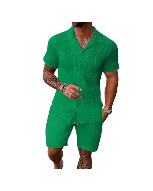 Uoua Summer Outfits For Men 2 Piece Short Sleeve Button Down Shirt Shorts Set Casual Vacation Beach Tracksuit Cubaemerald X-Large