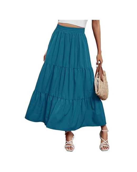 Arolina  Blue Maxi Skirt For Women Summer Boho Elastic High Waist Pleated A-Line Flowy Ruffle Swing Tiered Long Beach Dress Medium Peacock