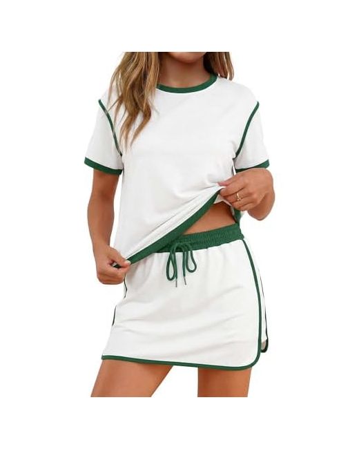 Marvmys  Green Women 2 Piece Skorts Sets Short Sleeve Block Tshirt And Matching Going Out Summer Tracksuit With Pockets Small Whitedark