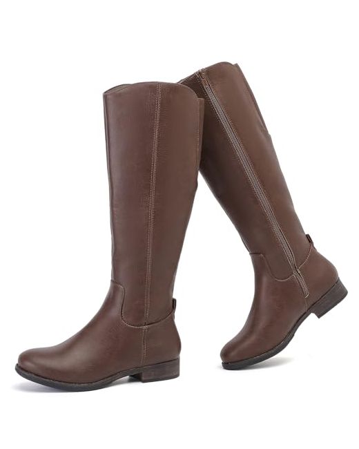 Ruiee  Brown Knee High Boots For Women Comfort Stylish Casual Round Toe Tall Riding Combat Boot Classic Fashion Fall Winter Knee-High Flat Boots. 8 Pu 909