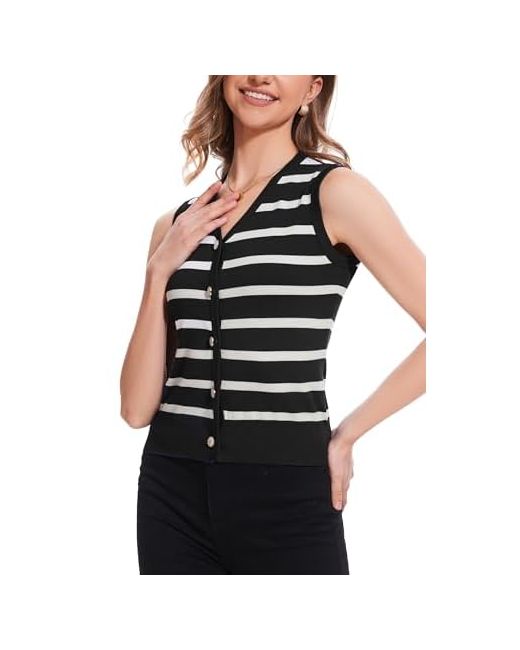 Beresia Womens Vest V Neck Striped Lightweight Sleeveless Sweater Button Up Knit Tops Summer Casual Outfits Medium  Di Colore Nero