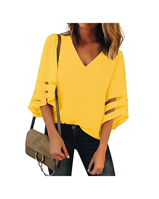 Luvamia  Yellow Womens Casual V Neck Blouse 3/4 Bell Sleeve Mesh Panel Shirts Loose Top X-Large C Cyber