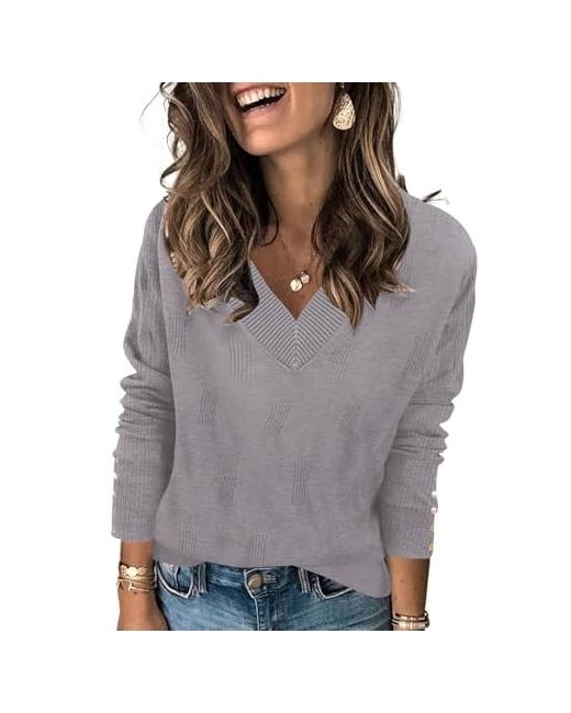 Akewei  Gray Womens Tops Fall Trendy Long Sleeve V Neck Knit Pullover Dressy Lightweight Sweatergreymedium