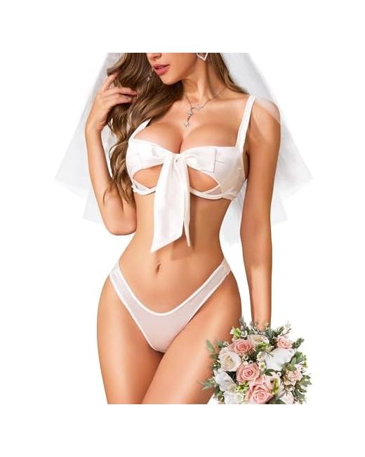 Rslove  White Lingerie Sets For Women Sexy Satin Bow 2 Piece Bra And Panty X-Large