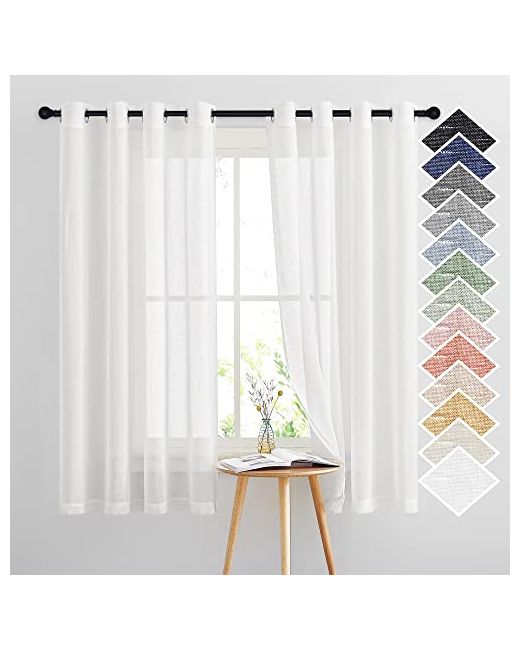 Nicetown  White Linen Sheer Curtains Flax Textured Grommet Top Casual 63 Long Thick Semitransparent Window Treatment For Loft/Apartment Ivory 1 Panel 52 W Sold By 2 Panels 52w X