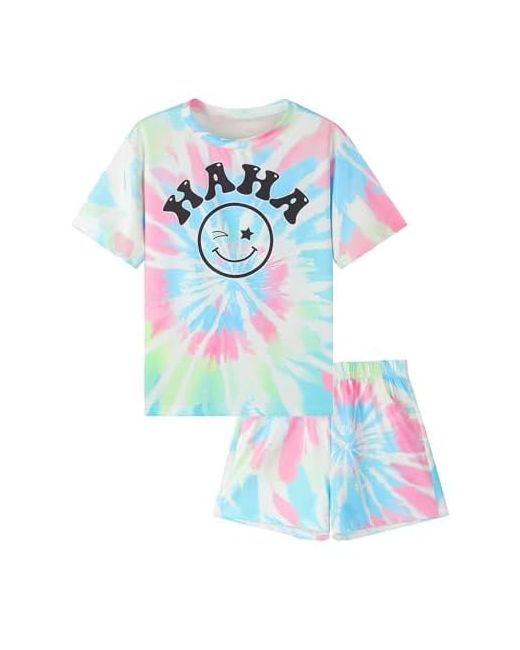 Exarus Girls Tie Dye Short Sets Smiley Face Pattern Graphic Summer Outfit 2 Piece Sleeve With Side Pockets 12 Years Blue  Di Colore Verde