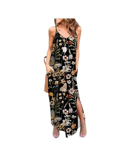 Husakry   Huskary Womens Summer Casual Sleeveless V Neck Strappy Split Loose Dress Beach Cover Up Long Cami Maxi Dresses With Pocket Small Mixed Print