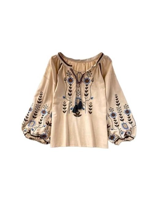 Tureau Womens Embroidered Shirt Long Sleeve Peasant Blouse Lantern Boho Tops V Neck Loose Lightweight Casual Tunic Brown Small  Di Colore Beige