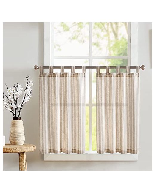 Jinchan   Tab Top Linen Kitchen Curtains 36 Inches Striped Tier Farmhouse Modern Cafe Style Small Window Treatments Airy Light Filtering Rod Pocket For Living Room Bathroom 2 Panels T