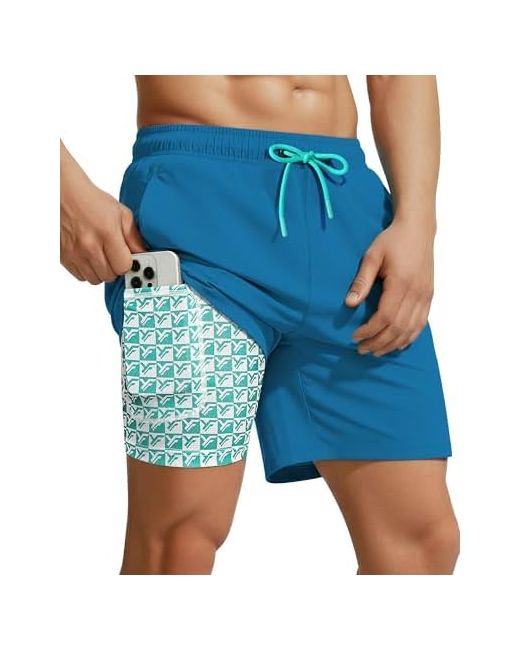Yufawow  Blue 7 Inch Men Swim Trunks With Compression Liner Quick Dry Drawstring Male Swimtrunks For Beach Summer Water Park Large Cerulean