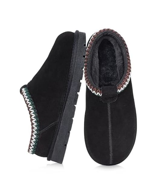 Xixitiao  Black Slippers For Women Suede Leather Platform Slip On Cozy Winter Womens House Indoor Outdoor 7.5 1 Sole