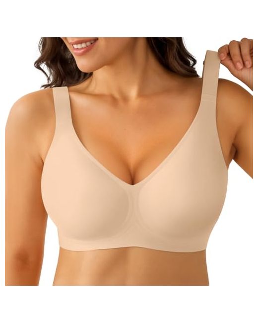Luckmeey   Jelly Wireless Bras For Women Deep V Plunge Seamless Push Up Bra Supportive No Underwire Comfort Everyday Almond Skin Medium