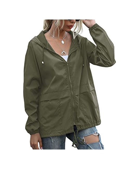 Pesion  Green Womens Waterproof Raincoat Lightweight Rain Jacket Hooded Windbreaker With Pocket For Outdoor Medium Army