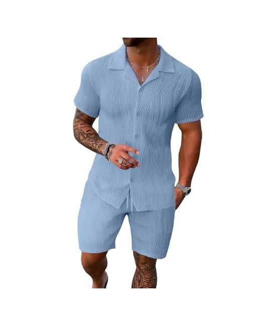 Uoua Summer Outfits For Men 2 Piece Short Sleeve Button Down Shirt Shorts Set Casual Vacation Beach Tracksuit Cubablue Medium