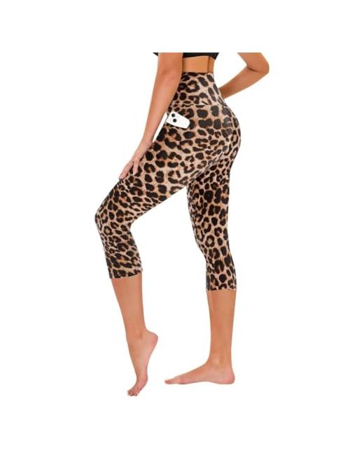 Tnnzeet Capri Leggings For Women Tummy Control With Pockets High Waisted Yoga Pants Workout Cycling Two Small-Medium A-Leopard Cheetah  Di Colore Nero